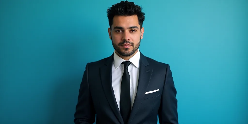 a man in a suit and tie standing in front of a blue background with a black and white photo, Alejand