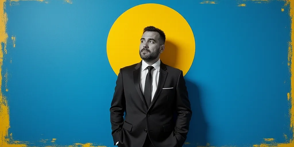 a man in a suit and tie standing in front of a blue background with a yellow border and a black and
