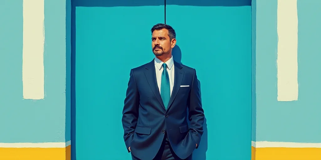a man in a suit and tie standing in front of a blue background with a white and yellow border, Carlo