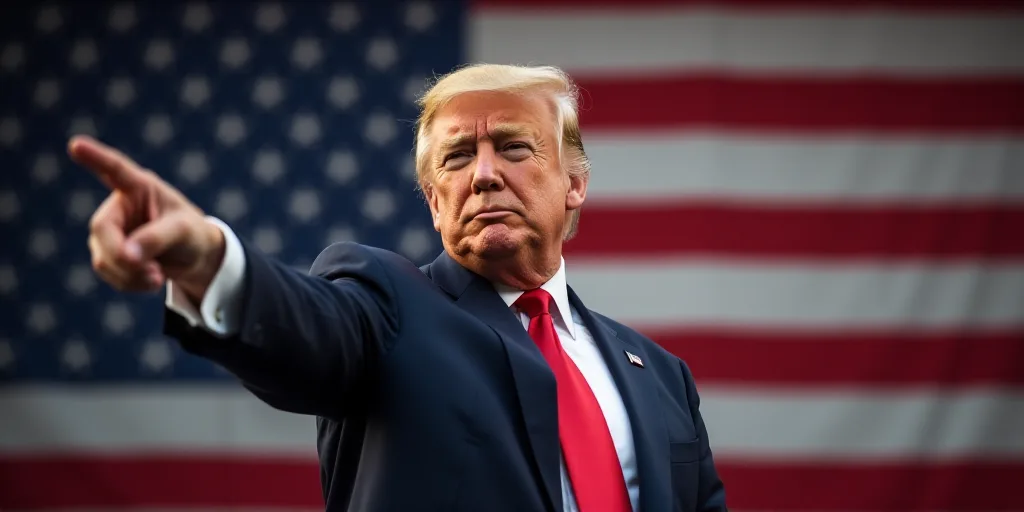 a man in a suit and tie standing in front of a flag and pointing at something with his finger, Donal