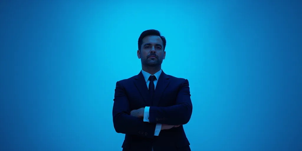 a man in a suit and tie standing with his arms crossed in front of him with a blue background, Estua