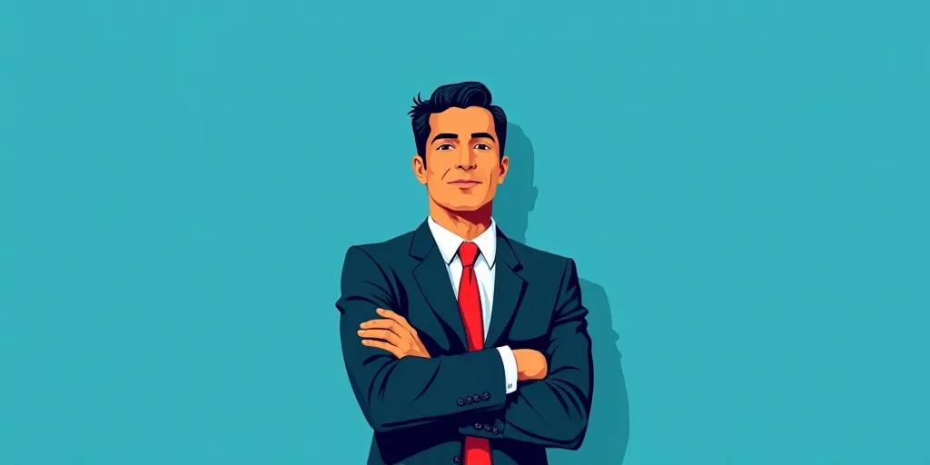 a man in a suit and tie standing with his arms crossed in front of him, with a blue background, Carl