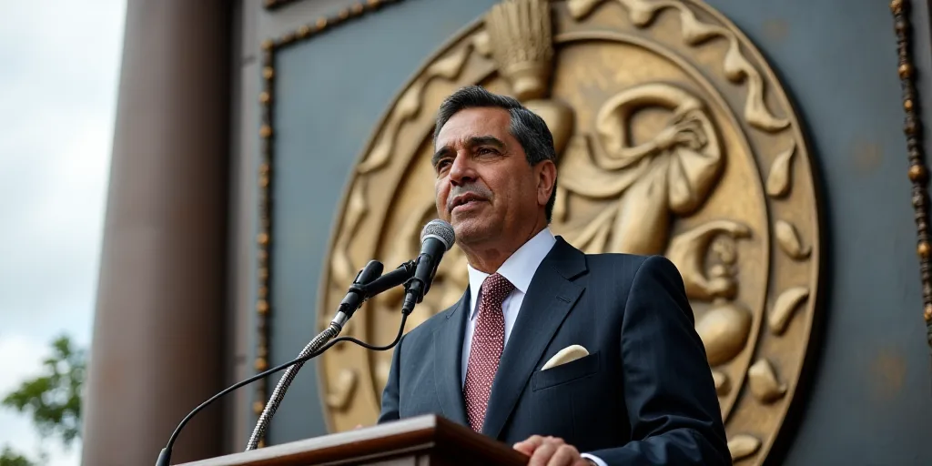 a man in a suit and tie standing at a podium with a microphone in front of him and a banner behind h