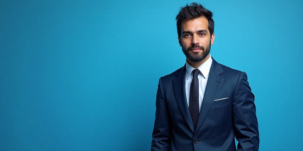 a man in a suit and tie standing in front of a blue background with a caption that reads, louis migu
