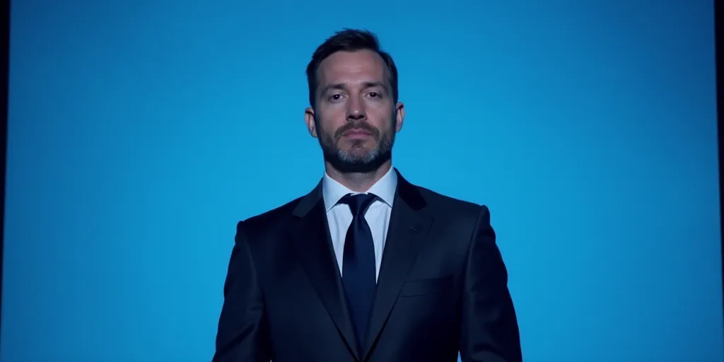 a man in a suit and tie standing in front of a blue background with the words antonio ai showbiz, An