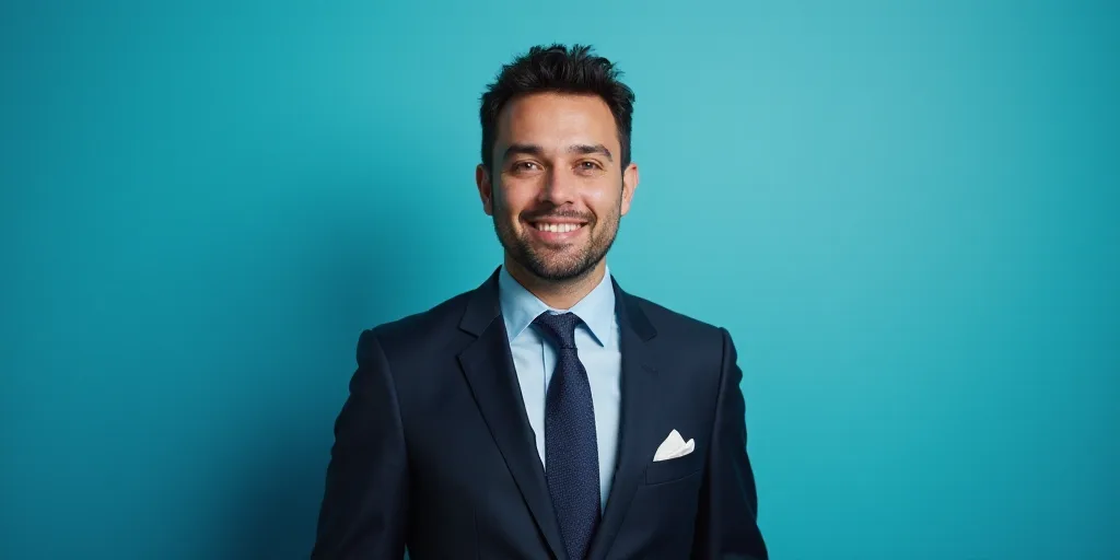 a man in a suit and tie standing in front of a blue background with a black and white photo, Alejand