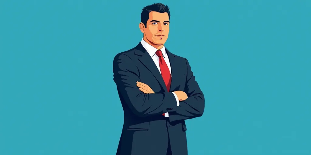 a man in a suit and tie standing with his arms crossed in front of him, with a blue background, Carl