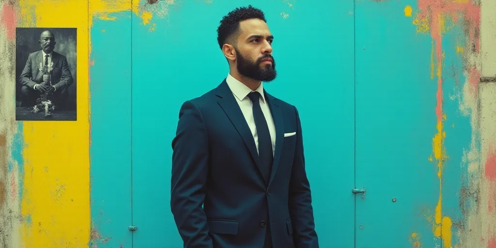 a man in a suit and tie standing in front of a blue background with a yellow border and a black and