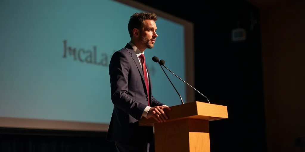 a man in a suit and tie standing at a podium with a microphone in front of him and a screen behind h