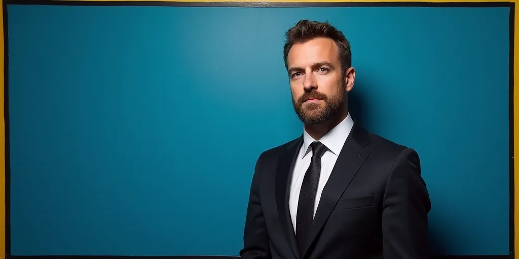 a man in a suit and tie standing in front of a blue background with a black and yellow border, Chris