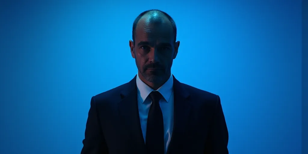 a man in a suit and tie standing in front of a blue background with a caption that reads miguel gonz