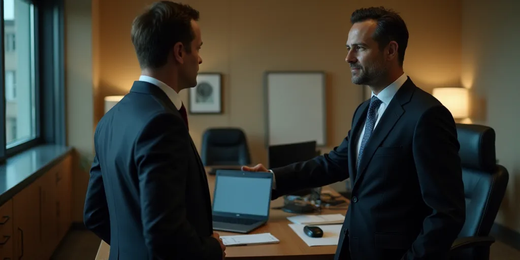 a man in a suit and tie standing next to a man in a suit and tie in front of a desk, Ei-Q, vfx, a st