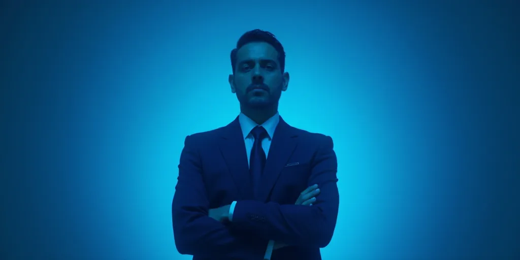 a man in a suit and tie standing with his arms crossed in front of him with a blue background, Enriq