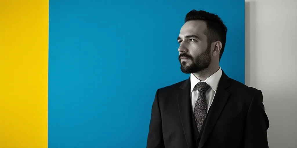 a man in a suit and tie standing in front of a blue background with a yellow border and a black and