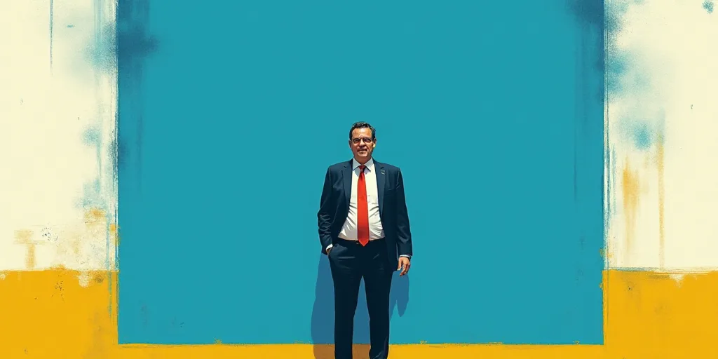 a man in a suit and tie standing in front of a blue background with a white and yellow border, Carlo