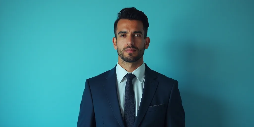 a man in a suit and tie standing in front of a blue background with a black and white photo, Alejand
