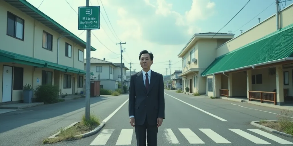 a man in a suit and tie standing next to a street sign in front of a building with a green roof, Awa