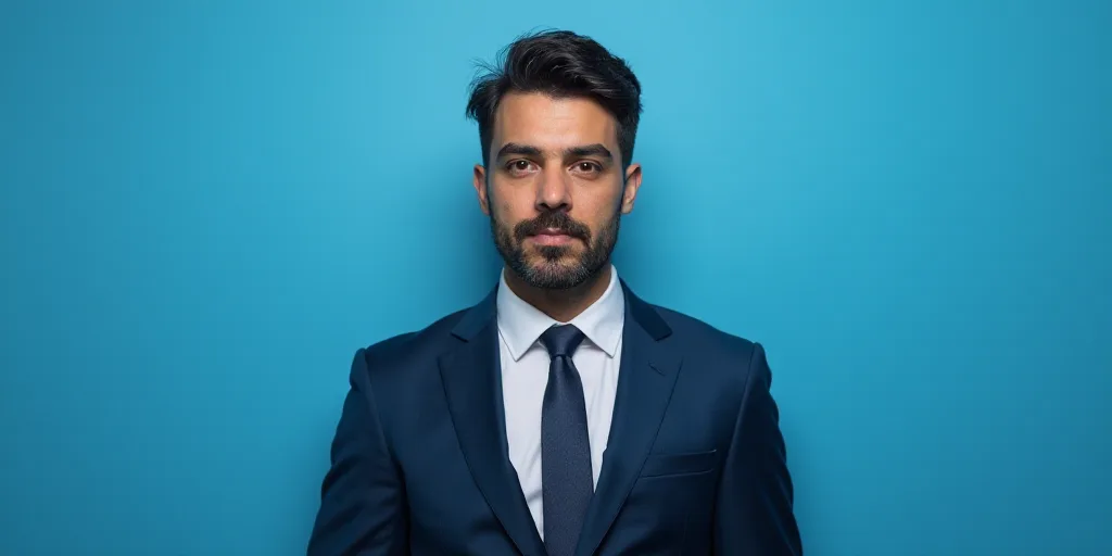a man in a suit and tie standing in front of a blue background with a caption that reads, louis migu