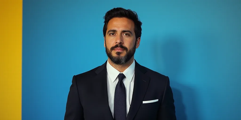 a man in a suit and tie standing in front of a blue background with a yellow border and a black and