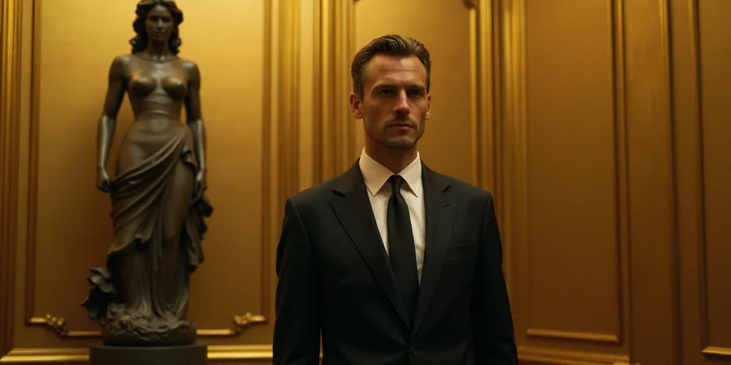 a man in a suit and tie standing in front of a statue of a woman in a room with gold walls, André B