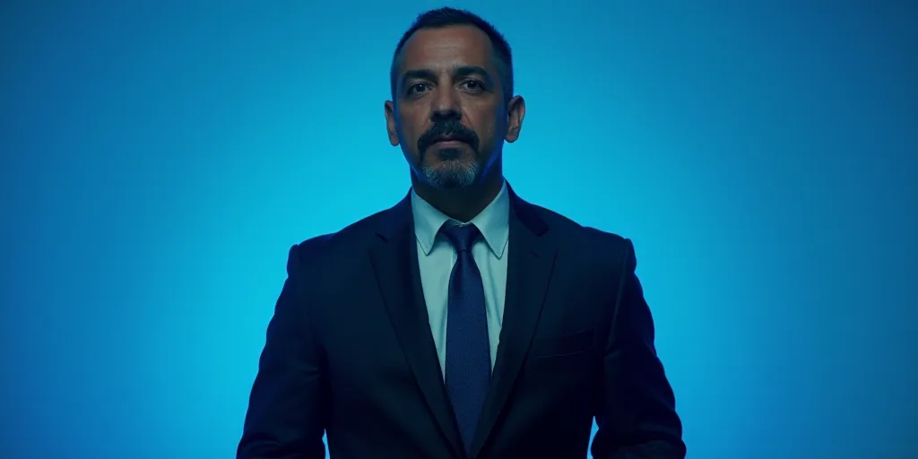 a man in a suit and tie standing in front of a blue background with a caption that reads miguel gonz