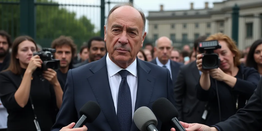 a man in a suit and tie surrounded by microphones and reporters in front of a gated area, Alain Tass