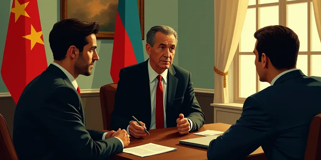 a man in a suit and tie talking to someone in a room with flags on the wall and a table with a lapto