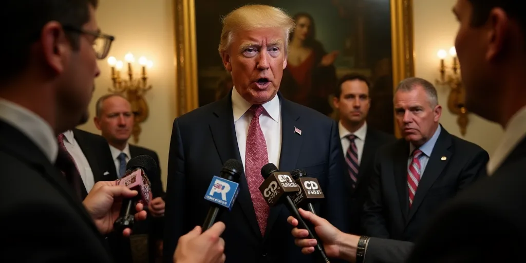 a man in a suit and tie talking to reporters in a room with microphones and a mirror behind him, Don