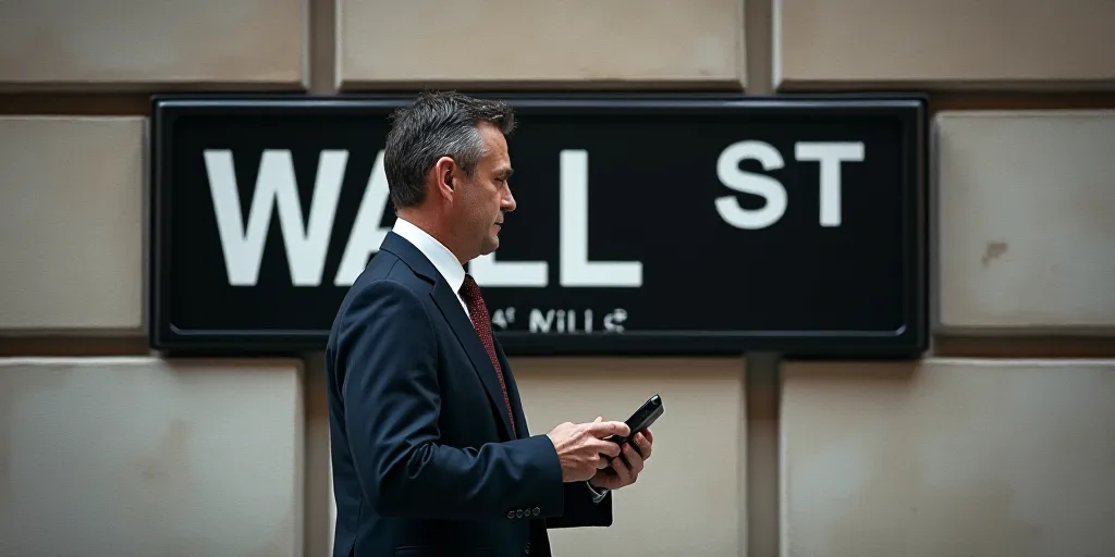 a man in a suit and tie walking past a wall street sign with a cell phone in his hand, Andries Stock