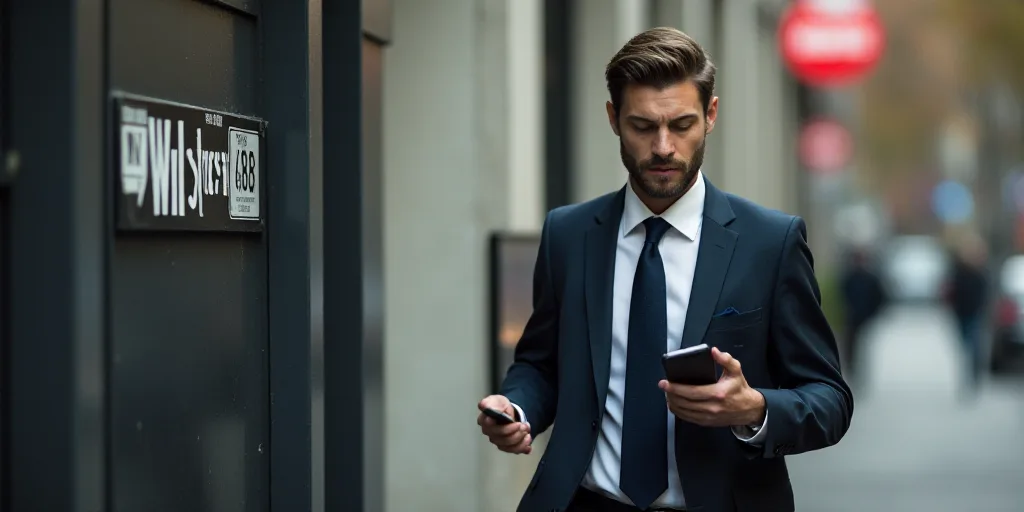 a man in a suit and tie walking past a wall street sign with a cell phone in his hand, Andries Stock