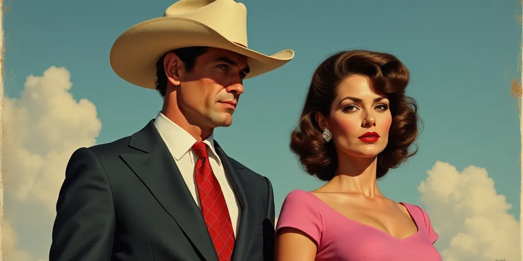 a man in a suit and tie wearing a cowboy hat and a red tie and a woman in a pink dress, Donald Rolle