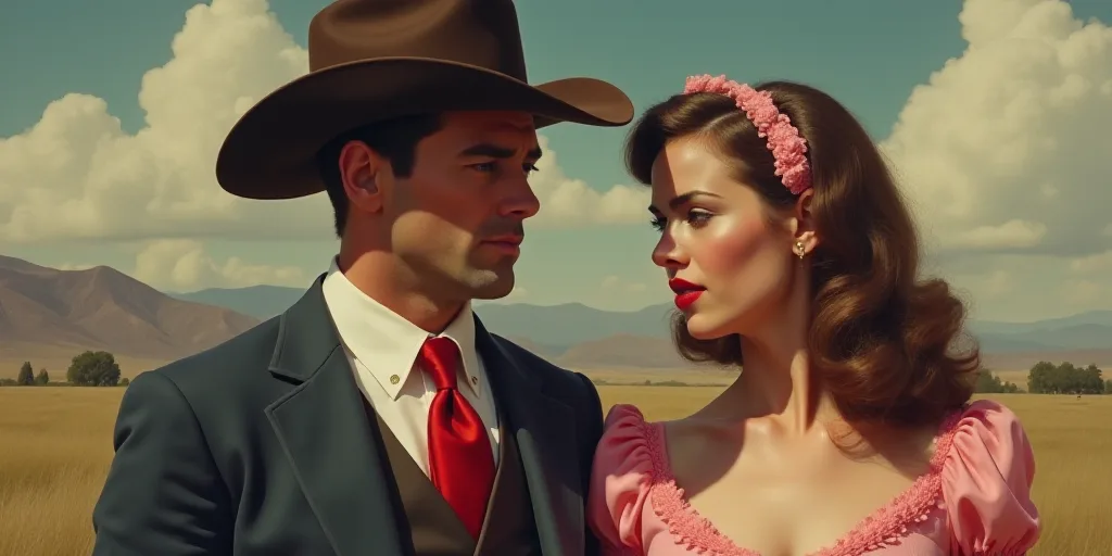 a man in a suit and tie wearing a cowboy hat and a red tie and a woman in a pink dress, Donald Rolle