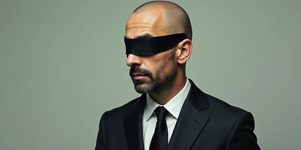 a man in a suit and tie with a black strip on his forehead and a black band across his eyes, Carlos