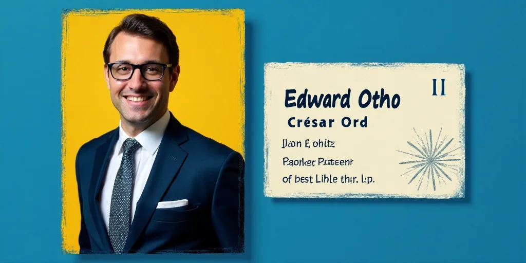 a man in a suit and tie with a blue background and a yellow border around him is a business card wit