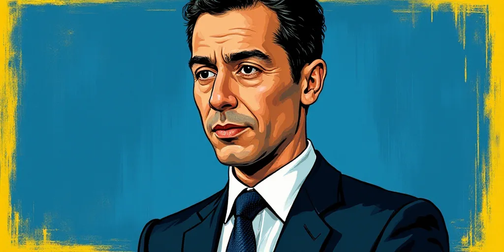 a man in a suit and tie with a blue background and a yellow border around him is a business card wit