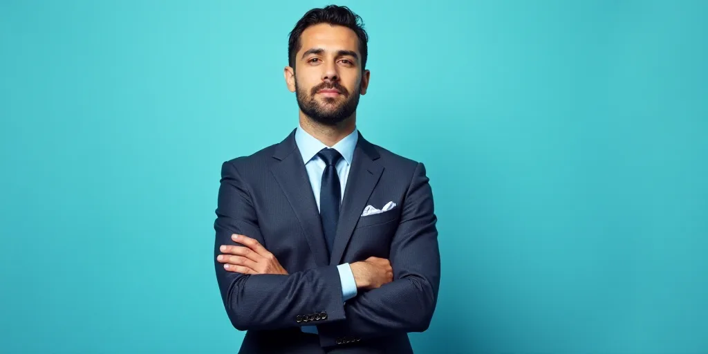a man in a suit and tie with his arms crossed and his hands folded in front of him, with a blue back