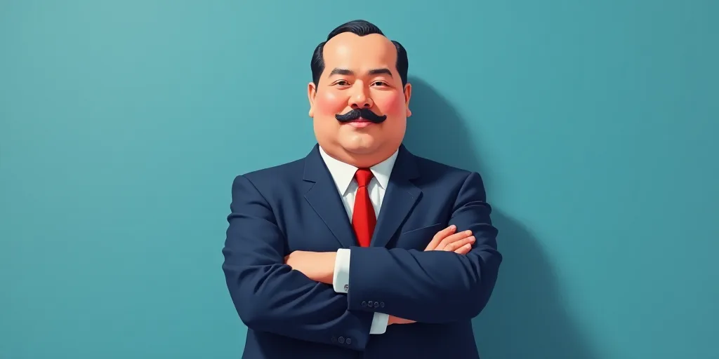 a man in a suit and tie with his arms crossed and his arms crossed, with a blue background, Fernando