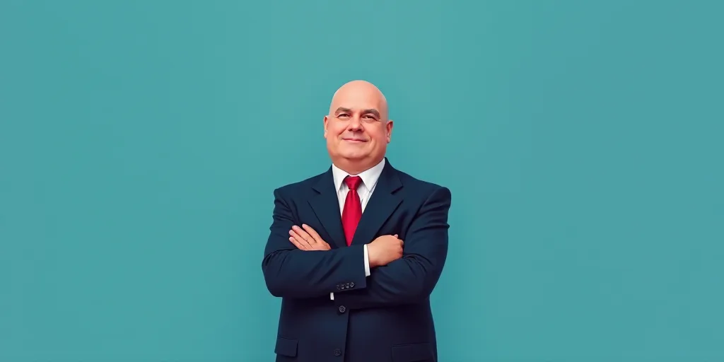 a man in a suit and tie with his arms crossed and his arms crossed, with a blue background, Fernando