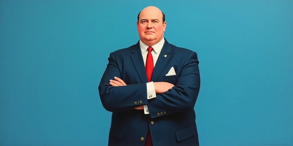 a man in a suit and tie with his arms crossed and his arms crossed, with a blue background, Fernando