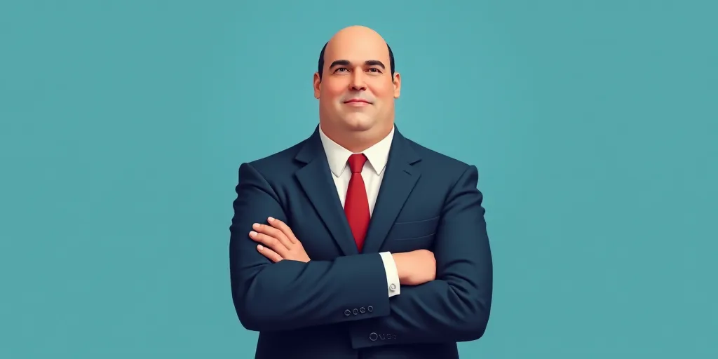 a man in a suit and tie with his arms crossed and his arms crossed, with a blue background, Fernando