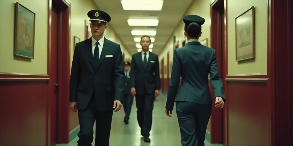 a man in a suit and two women in uniform walking down a hallway with a man in a suit and two other m