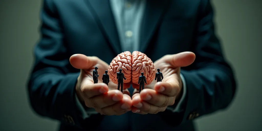 a man in a suit holding a small group of people in front of a brain model in his hands, Andries Stoc