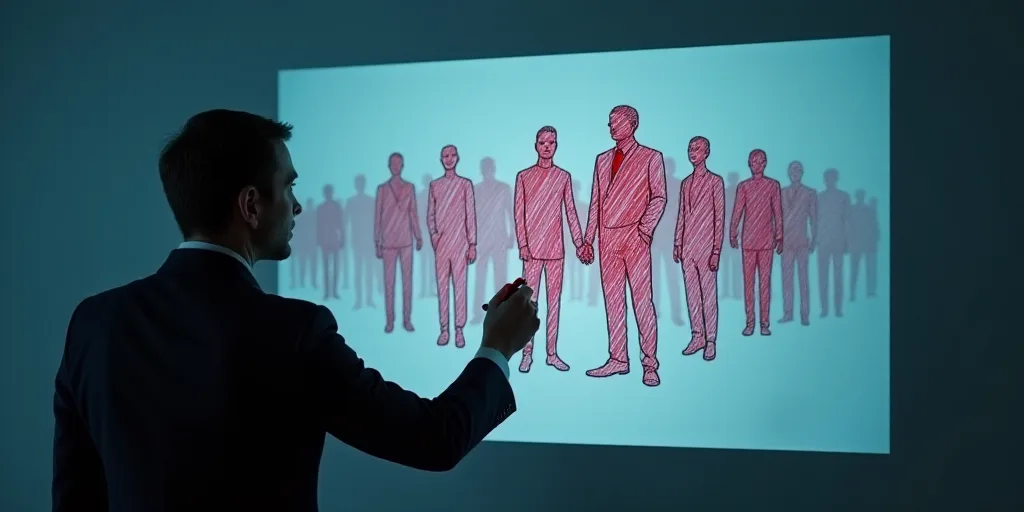 a man in a suit is drawing a group of people on a screen with red marker on it and a red marker in t