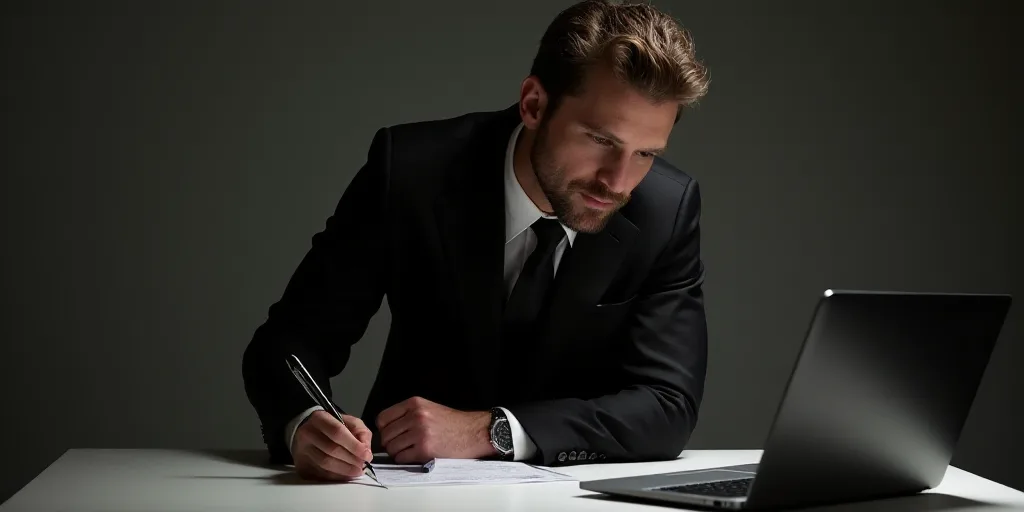 a man in a suit is leaning over a table with a laptop on it and a pen and paper in his hand, Andries