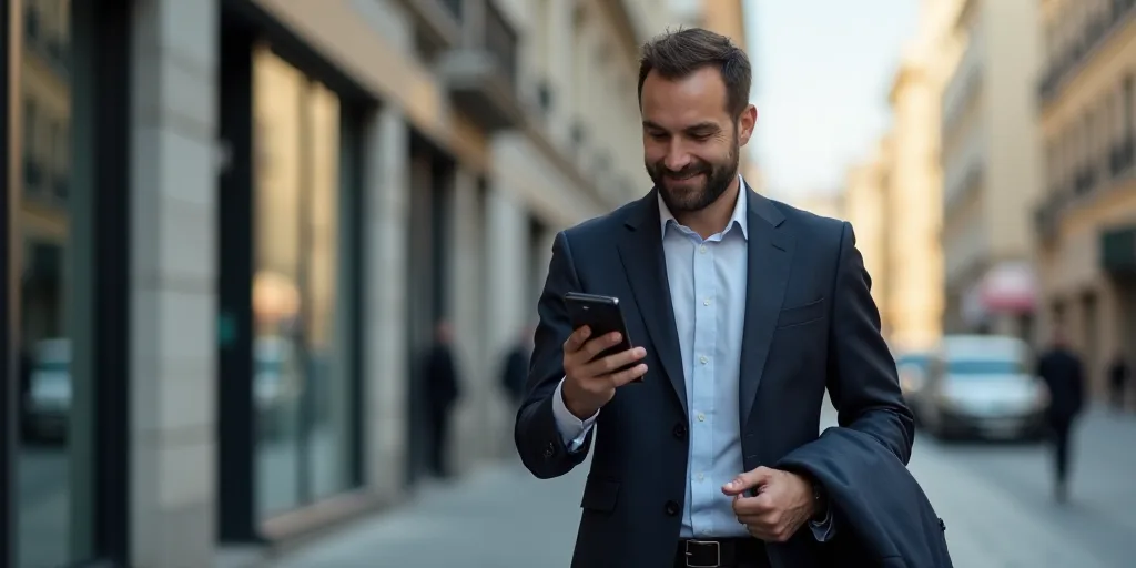 a man in a suit is looking at his cell phone in the city street while smiling and holding a briefcas