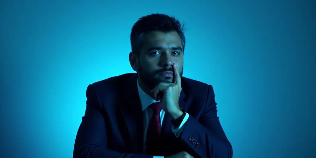 a man in a suit is posing for a picture with his chin resting on his hand, with a blue background, A