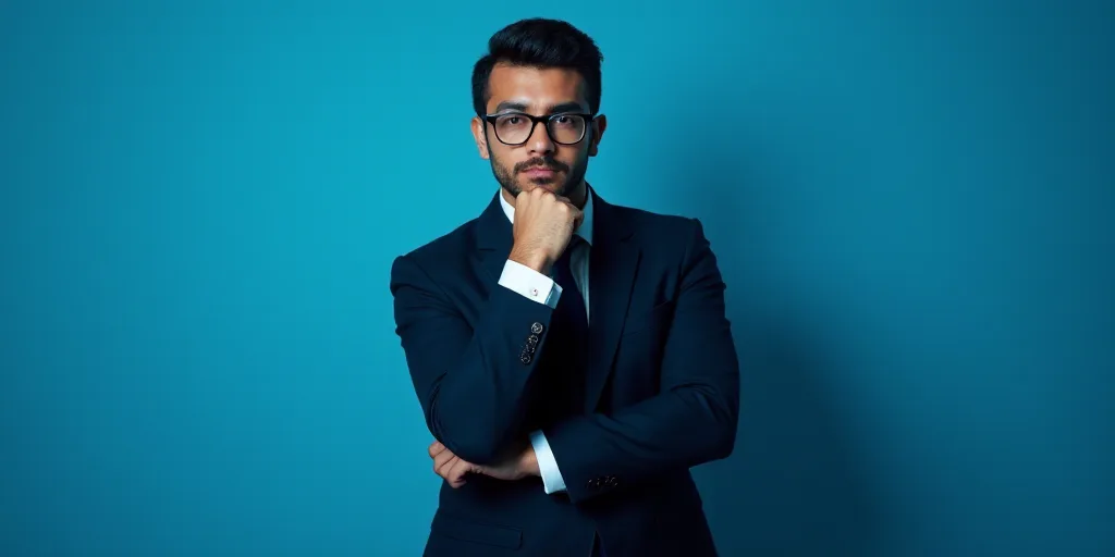 a man in a suit is posing for a picture with his chin resting on his hand, with a blue background, A