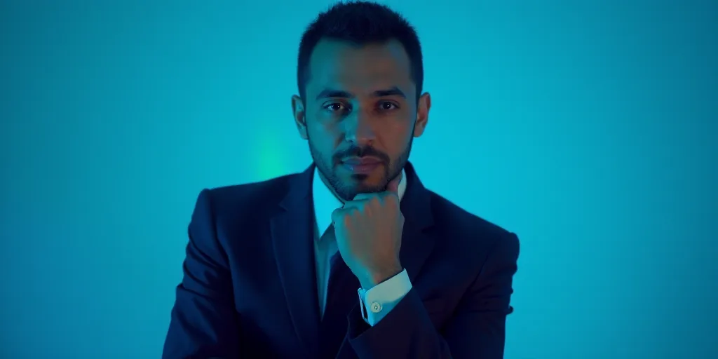 a man in a suit is posing for a picture with his chin resting on his hand, with a blue background, A