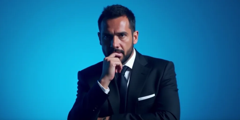 a man in a suit is posing for a picture with his chin resting on his hand, with a blue background, A