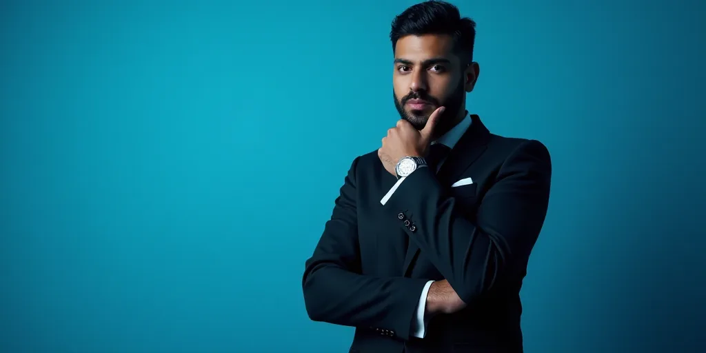 a man in a suit is posing for a picture with his chin resting on his hand, with a blue background, A